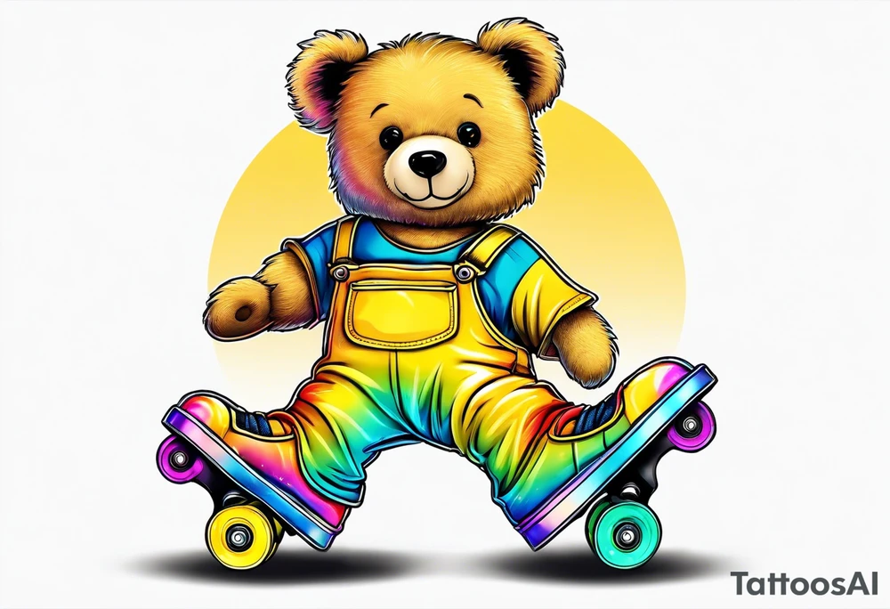 A rollerskating teddy bear in yellow overalls and rainbow skates tattoo idea