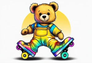 A rollerskating teddy bear in yellow overalls and rainbow skates tattoo idea