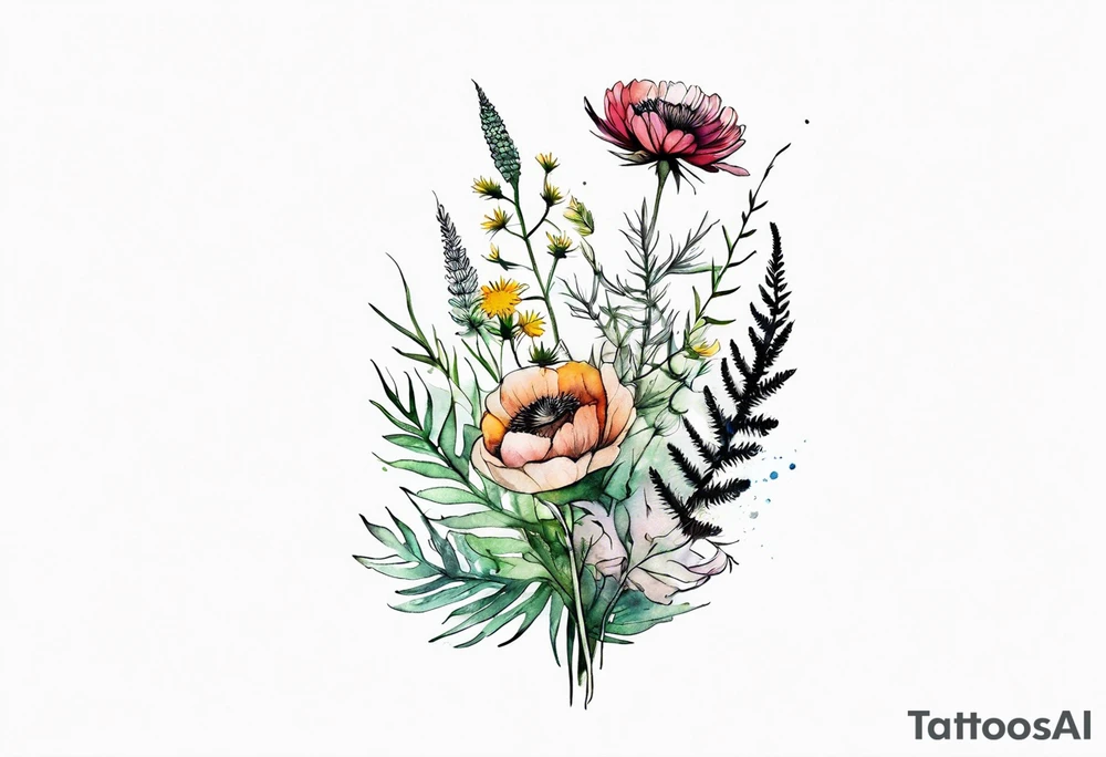 vertical mixed wildflower bouquet with ferns, ranunculus, thistle and with watercolor tattoo idea