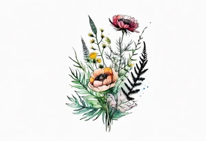 vertical mixed wildflower bouquet with ferns, ranunculus, thistle and with watercolor tattoo idea