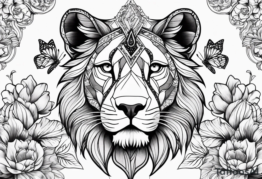 Lion drawn with olines and shading with floral backgrounds and tulips with a butterfly and an amstaff dog. tattoo idea