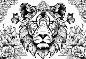 Lion drawn with olines and shading  with floral backgrounds and tulips with a butterfly and an amstaff dog. tattoo idea