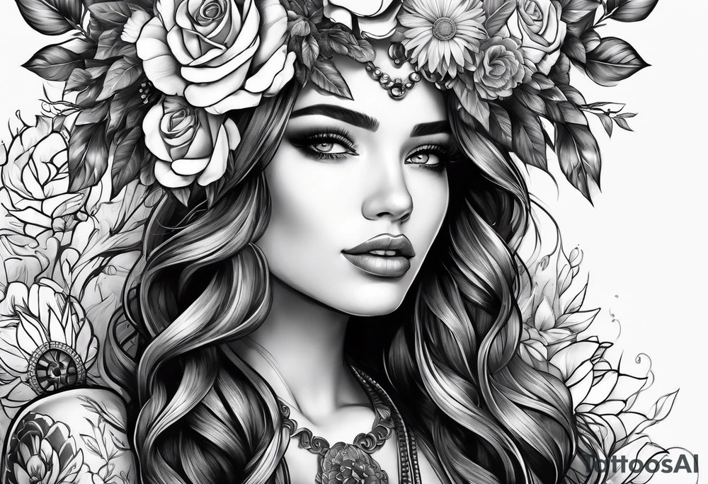 woman with flower crown tattoo idea