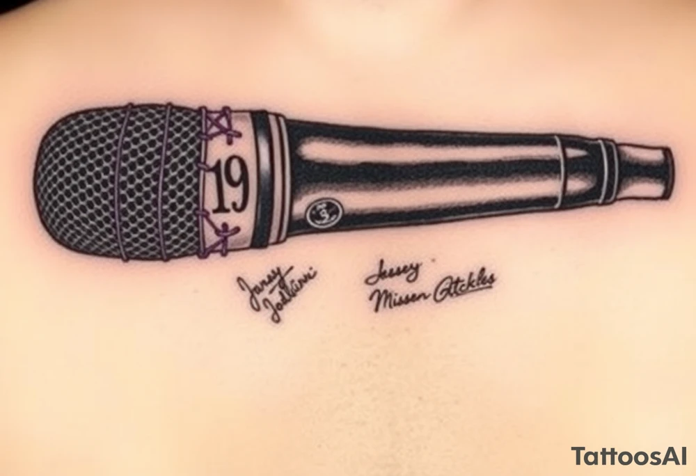 A wireless, black microphone with purple stitches holding it together. On the mouth part is the number 19. On the part where someone would hold the microphone is the autographs of Jared Padalecki, Misha Collins and Jensen Ackles tattoo idea
