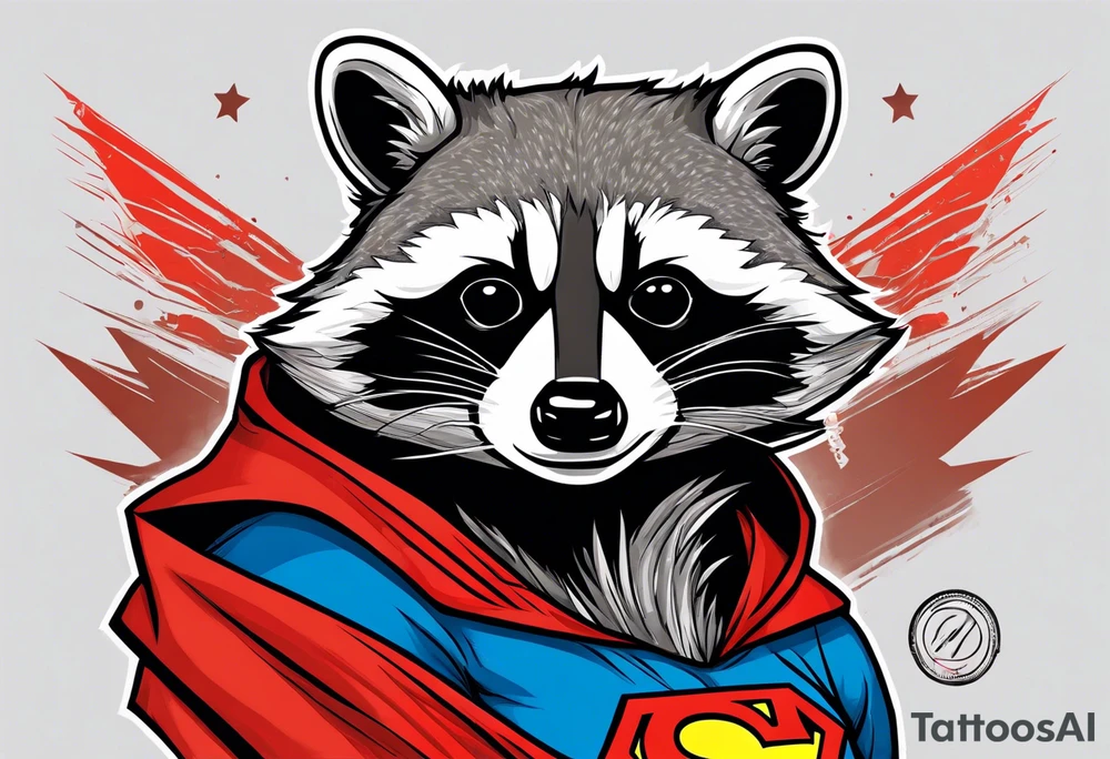 raccoon wearing a Superman hoodie tattoo idea