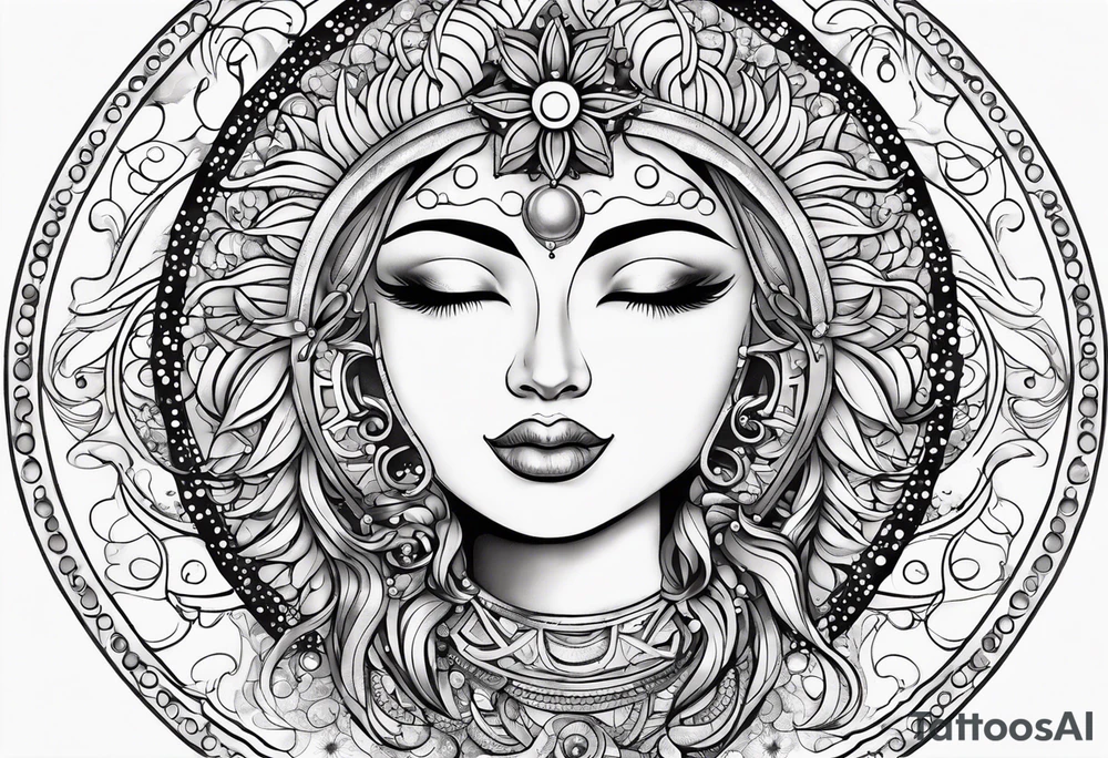 Feminine alien Sun and moon. Freeform rectangular sternum swirls with dots and stars tattoo idea