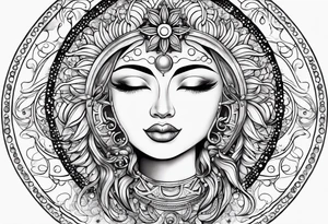 Feminine alien Sun and moon. Freeform rectangular sternum swirls with dots and stars tattoo idea