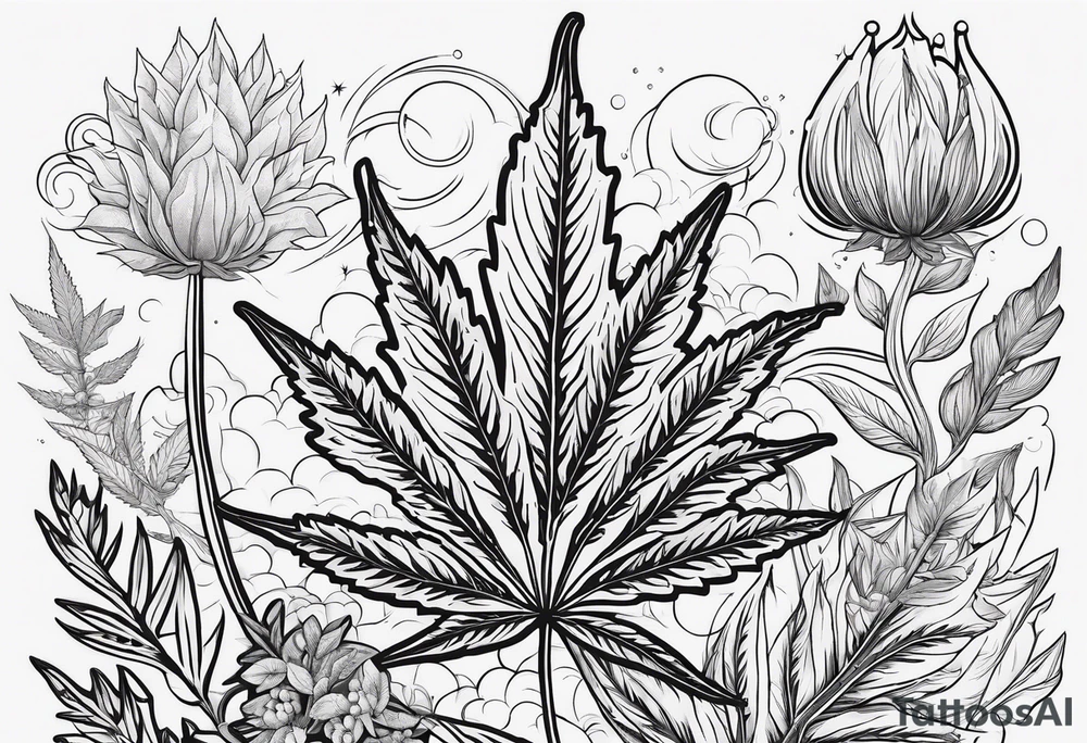 Minimal line art of cannabis plant from base to top with buds blooming. Around it are other plants like pothos leaves and mushrooms about to fruit. Incorporate the solar cycle and lunar cycle tattoo idea