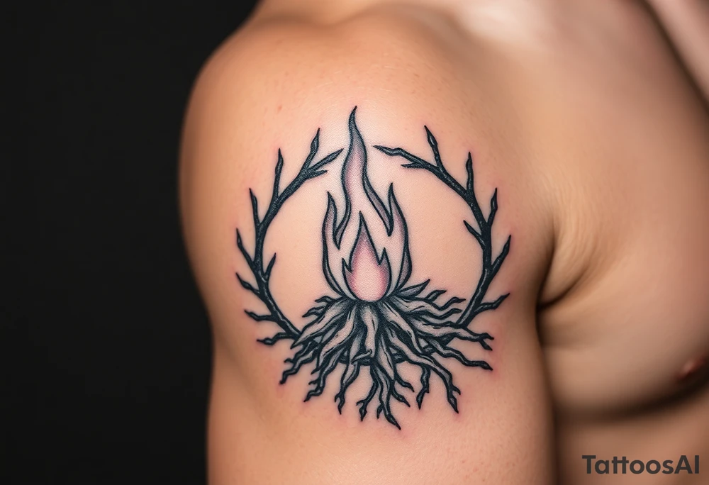 a round flame imprisoned in a roots circle tattoo idea