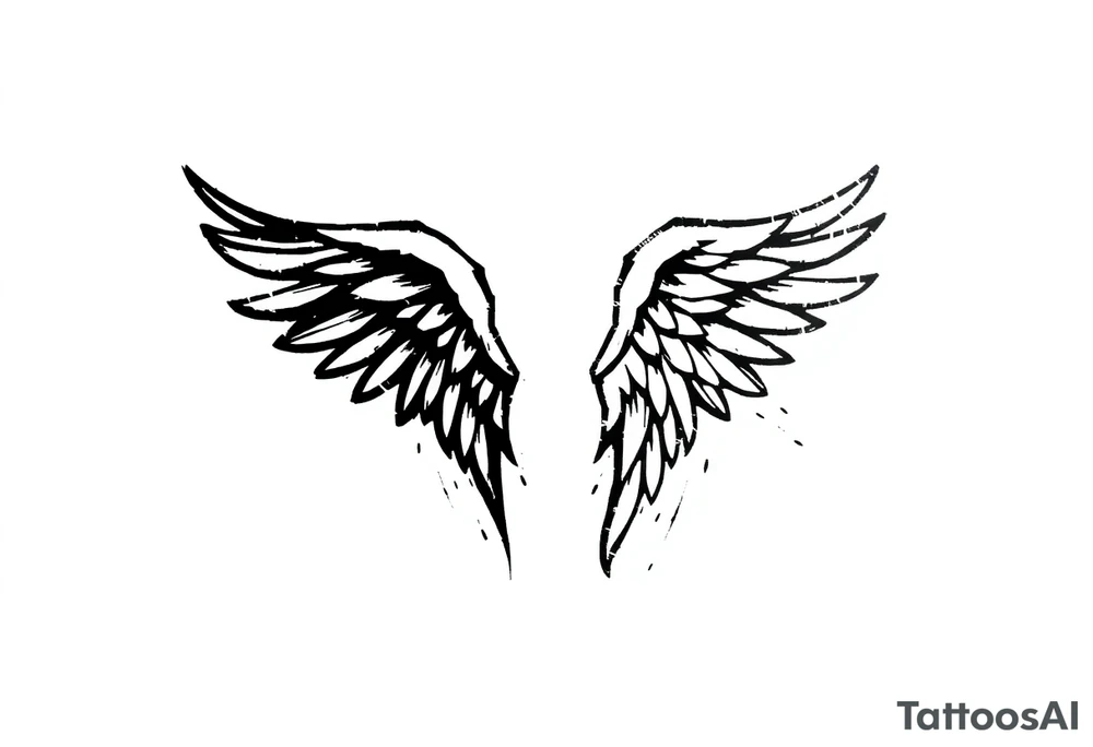 This tattoo design features a pair of asymmetrical angel wings drawn in black ink with a rough, sketch-like style. The left wing is darker, more defined, and appears denser, while the right wing is lighter, more delicate, and fragmented, creating a contrast between the two. The feathers are sharp and irregular, with fine lines and stray strokes extending outward, adding a raw and artistic feel. The overall look is dynamic and slightly chaotic, giving the impression of movement or an unfinished, ethereal form. This design symbolizes duality, freedom, transformation, or even struggle, making it a meaningful and visually striking tattoo. tattoo idea