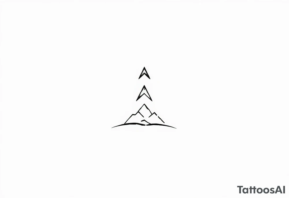 A stacked geometric design resembling a trail marker, consisting of three progressively smaller angular “arrowhead” shapes pointing upward. Beneath the arrow shapes, a thin, curved line flows gently, representing terrain, trails, or movement across landscapes. The design is abstract and highly symbolic, with clean, sharp edges. tattoo idea