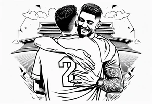 Ronaldo and babar Azam hugging with cricket and football ground on the backside tattoo idea