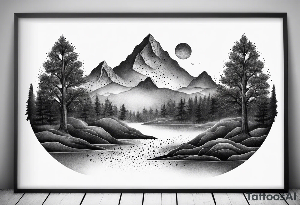Design a symmetrical tattoo featuring a serene mountain landscape with a winding river and delicate trees, creating a balanced and harmonious composition tattoo idea