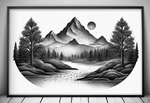 Design a symmetrical tattoo featuring a serene mountain landscape with a winding river and delicate trees, creating a balanced and harmonious composition tattoo idea