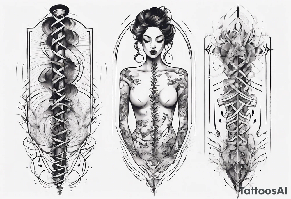 A spine tattoo that incorporates a woman’s figure into the linework tattoo idea