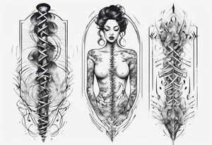A spine tattoo that incorporates a woman’s figure into the linework tattoo idea