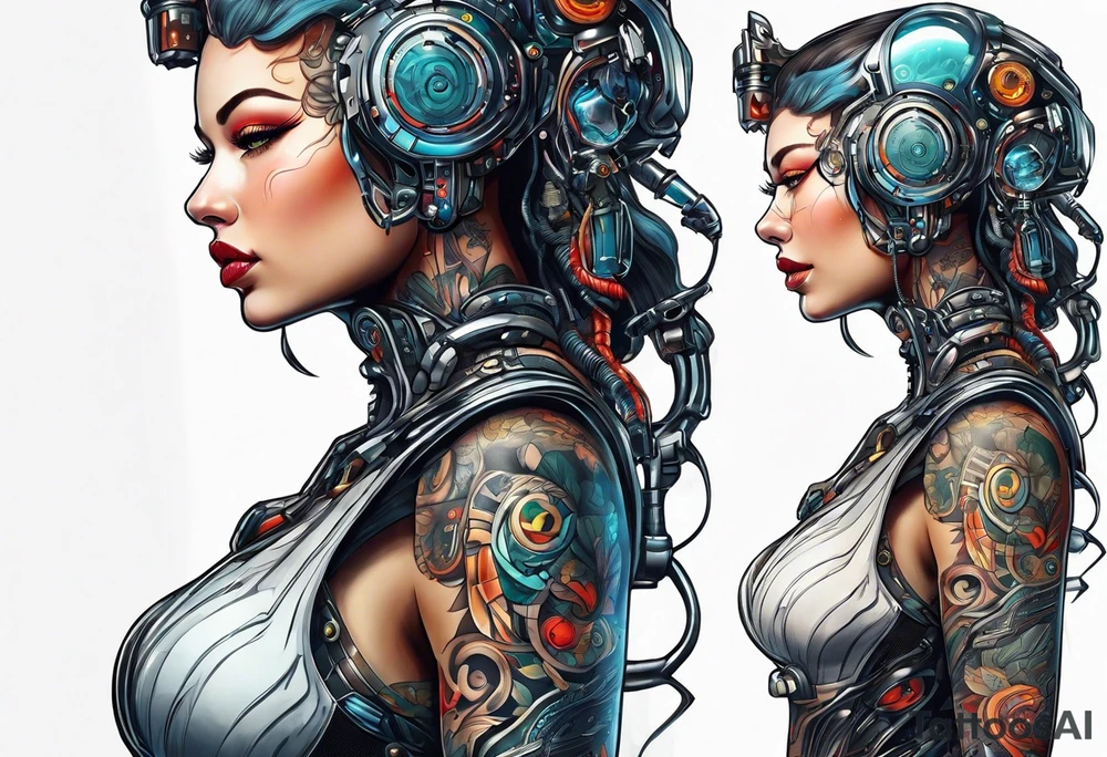 female cyborg with full body, retro futuristic, travel and movies tattoo idea