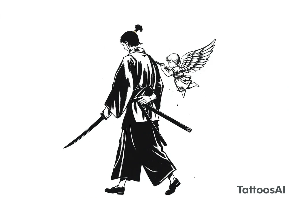 "Blackwork tattoo sketch of a lone samurai walking forward, shown in dramatic silhouette style. The samurai wears traditional kimono and hakama, holding a katana in one hand with the blade pointing downward. Behind him floats a small child angel with detailed feathered wings, gently touching the samurai’s back with one hand, as if stopping or guiding him. Strong contrast, dynamic ink splatter, rough brush strokes, Japanese sumi-e vibe, emotional and symbolic composition, high detail linework, no background." tattoo idea