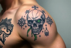 A cursed skull with cracks leaking green mist, surrounded by arcane symbols and forbidden spells tattoo idea