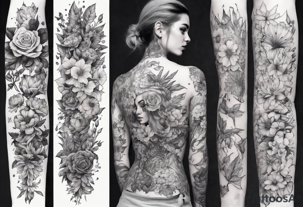 sleeve with many flowers around it and a dark elf girl tattoo idea