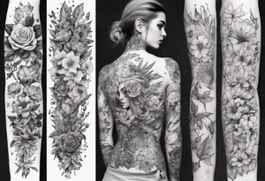 sleeve with many flowers around it and a dark elf girl tattoo idea