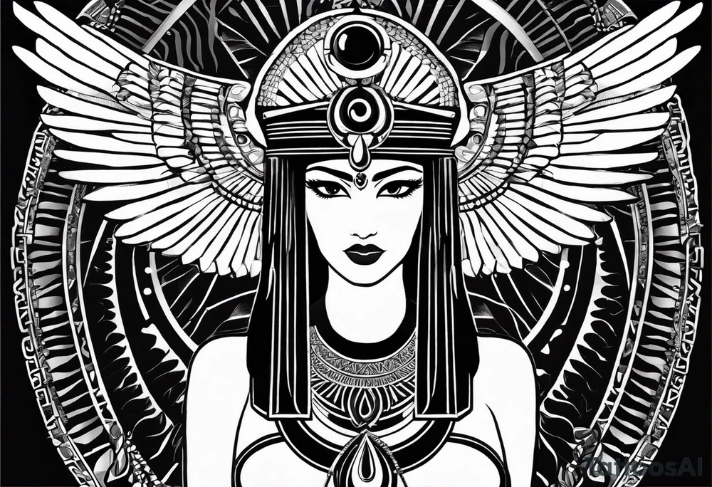 black and white Egyptian goddess Isis, who is often depicted as a woman with outstretched wings, holding an ankh (a symbol of life) in one hand and a lotus flower in the other. Her headdress often includes a throne or a solar disk. The tattoo design can vary in style and size, but it typically aims to capture the essence of this revered Egyptian deity, emphasizing her beauty, power, and maternal qualities. The choice of colors and additional elements can also be customized to create a unique and visually striking representation of the goddess Isis tattoo idea