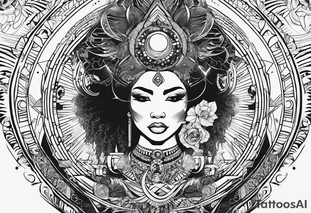 Simple design, Afro-Futurism style, celestial 
rebirth tattoo idea