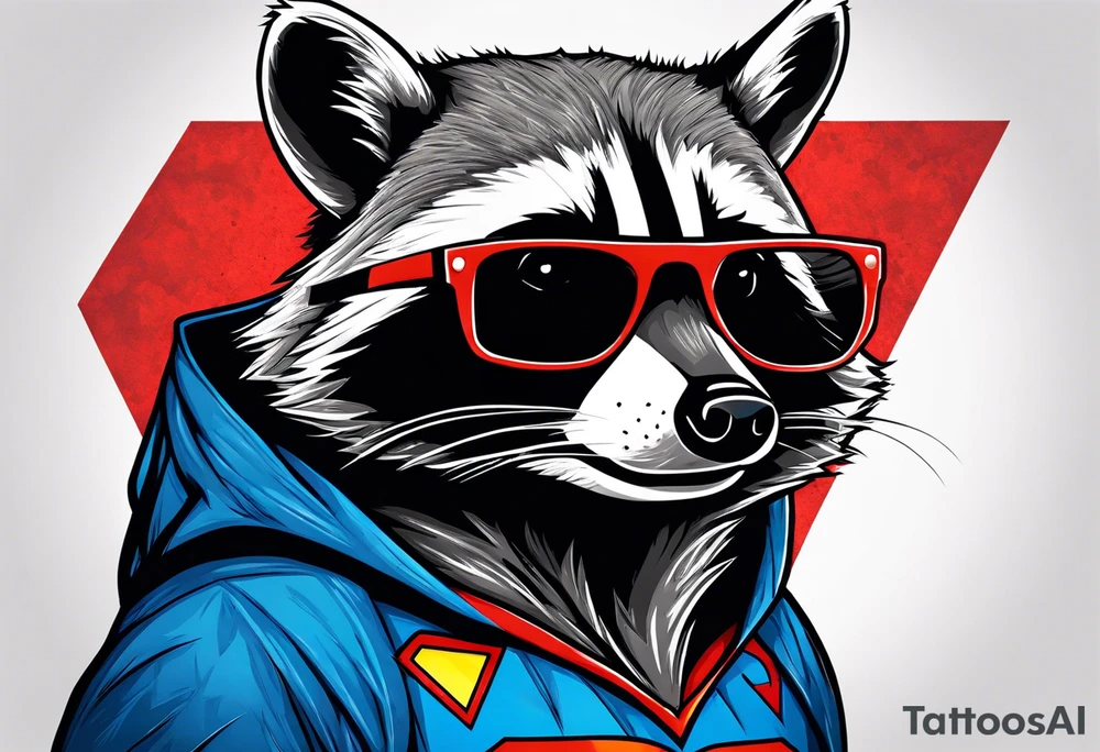 raccoon wearing a Superman hoodie tattoo idea