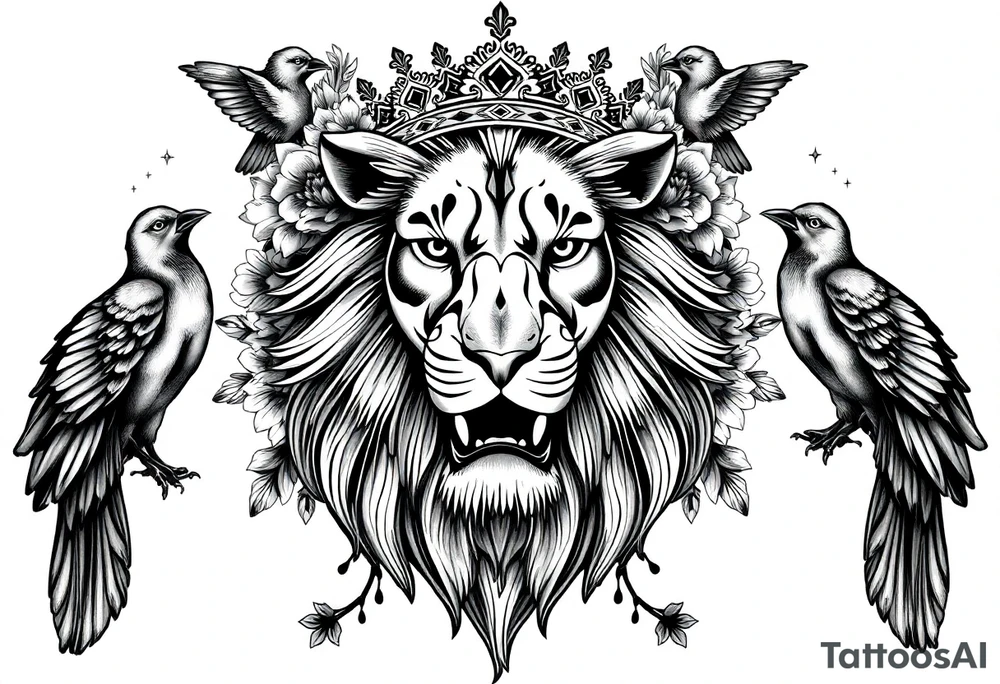 powerful majestic lion with a crown, surrounded by floral ornaments and birds tattoo idea