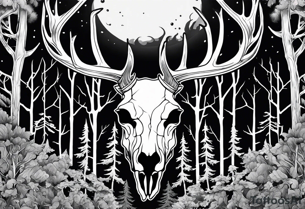 A side view of a frightening horror DECAYING deer skull JUST BONE surrounded by a forest fire in background tattoo idea A side view of a frightening horror DECAYING deer skull JUST BONE surrounded by a forest fire in background tattoo idea