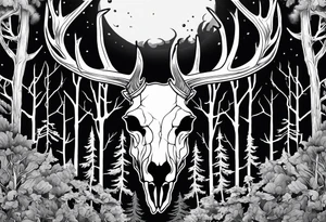 A side view of a frightening horror DECAYING deer skull JUST BONE surrounded by a forest fire in background tattoo idea