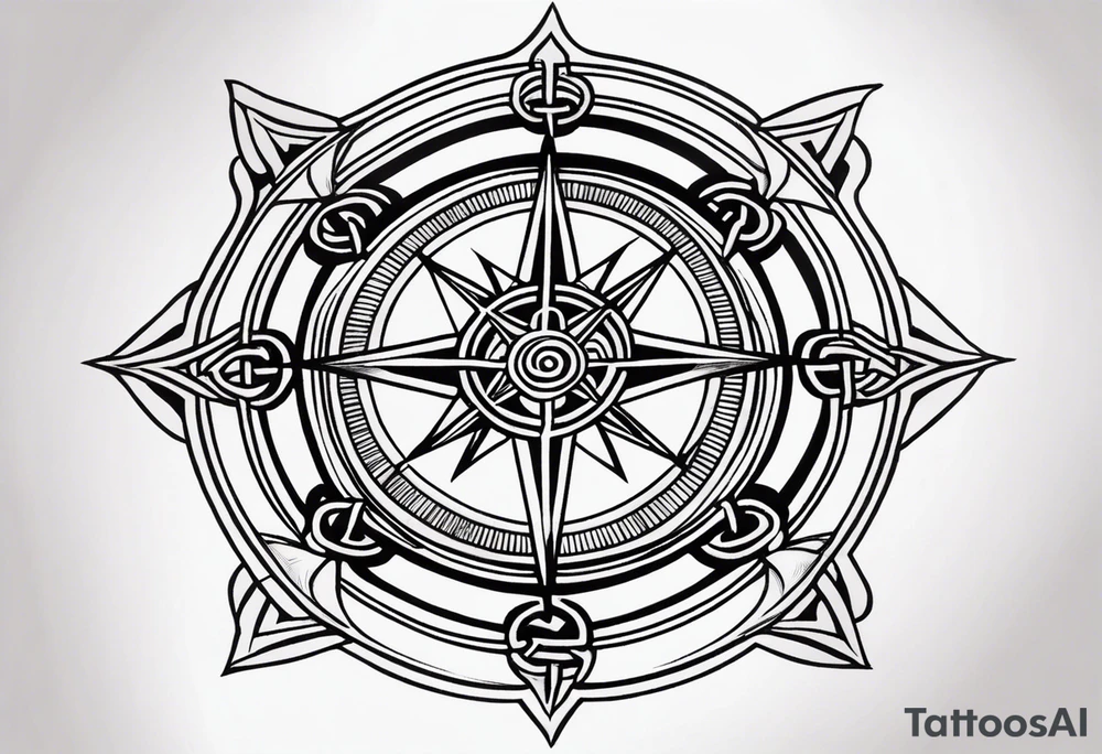 A compass rose with a labyrinth on the inside and to Celtic swords going through the center of the rose compass tattoo idea