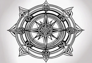 A compass rose with a labyrinth on the inside and to Celtic swords going through the center of the rose compass tattoo idea