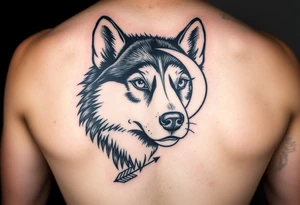 create a tatto of the face of a female husky looking at a half a moon with a arrow crossing from the face to the moon
 for the underarm tattoo idea