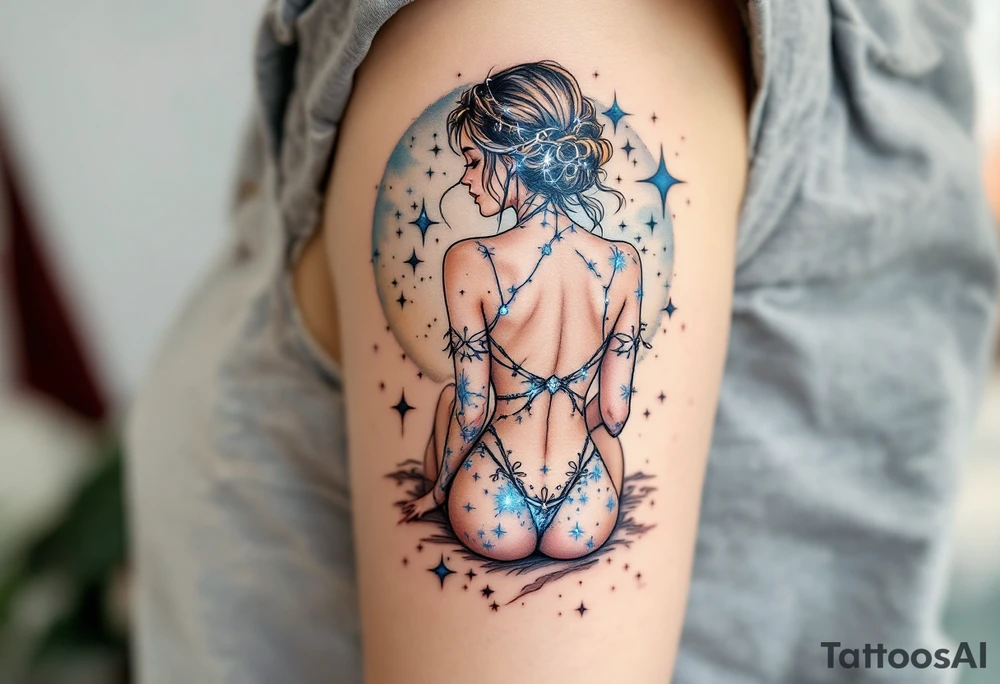 The Virgo constellation sparkles in icy blue across the back of a seated maiden in muted earth tones. tattoo idea