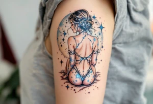 The Virgo constellation sparkles in icy blue across the back of a seated maiden in muted earth tones. tattoo idea