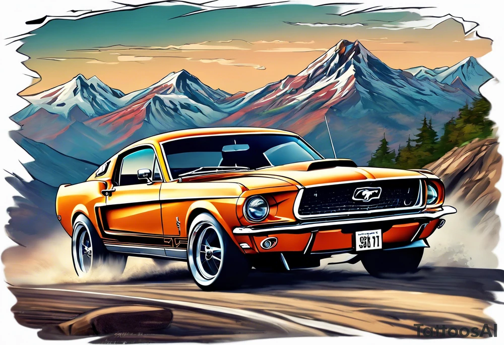 ford mustang speeding through the mountains tattoo idea