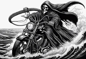 Grim reaper riding a ferry with a kraken underneath tattoo idea