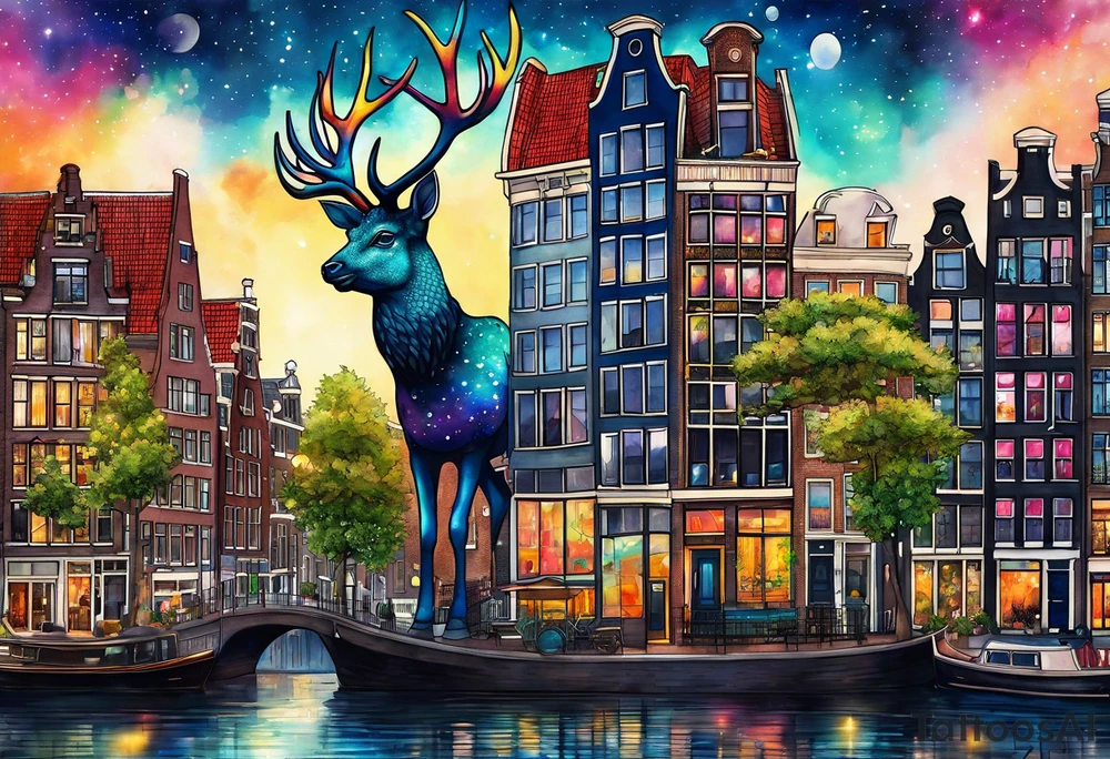 Wildlife in Amsterdam, pineapple stag, stag, Amsterdam buildings, Amsterdam canal, pineapples, pineapple trees, space, galaxy, galaxy colours tattoo idea