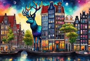 Wildlife in Amsterdam, pineapple stag, stag, Amsterdam buildings, Amsterdam canal, pineapples, pineapple trees, space, galaxy, galaxy colours tattoo idea