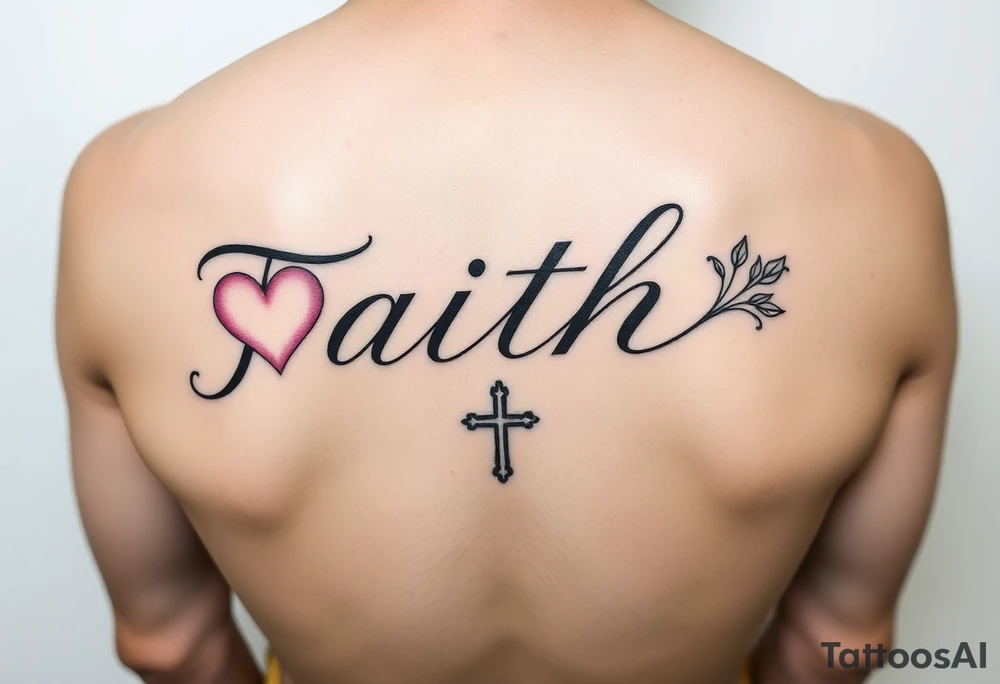 One Script horizontal  word faith  letter I having a pink heart and the t being a cross with an April flower at  that end and a scrolled stem w 2 leaves tattoo idea