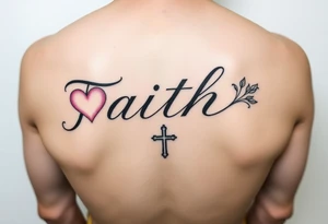 One Script horizontal  word faith  letter I having a pink heart and the t being a cross with an April flower at  that end and a scrolled stem w 2 leaves tattoo idea