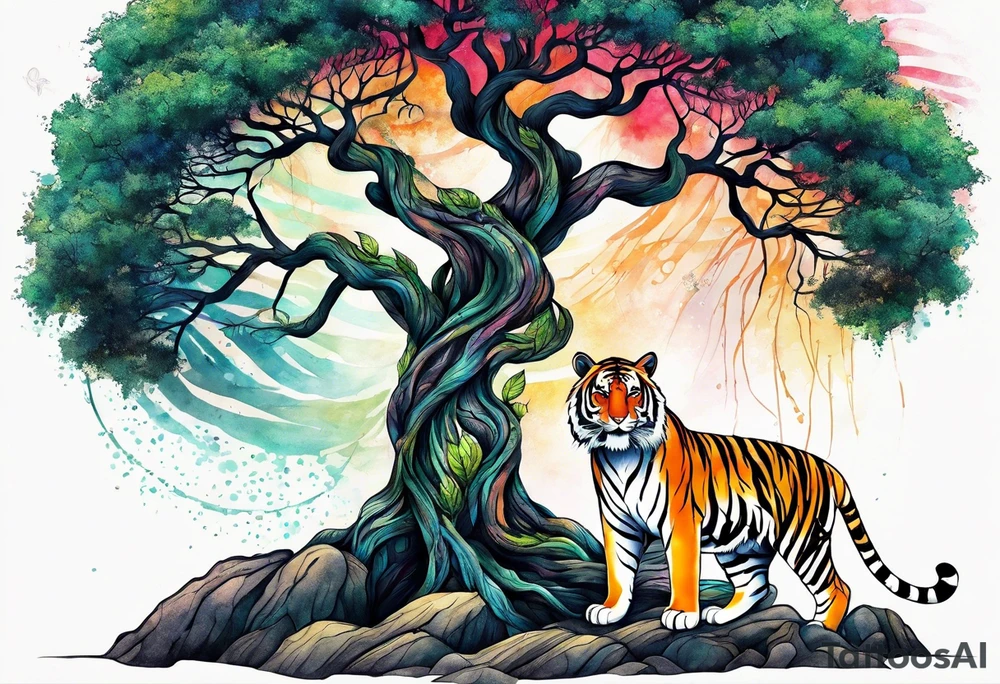 Tree of life with the roots going into a tigers stripes tattoo idea