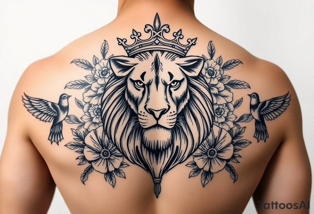 powerful majestic lion with a crown, surrounded by floral ornaments and birds tattoo idea