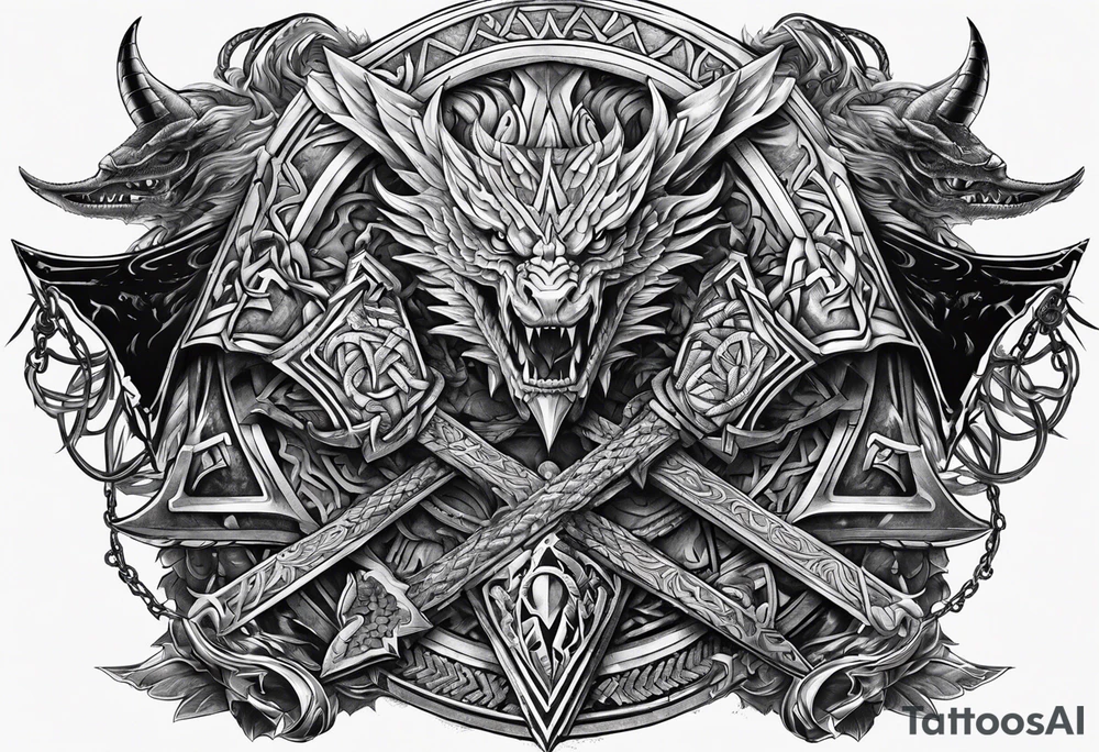 Valhalla sword shield dragon axe Valknut barbed wire chains tattoo idea