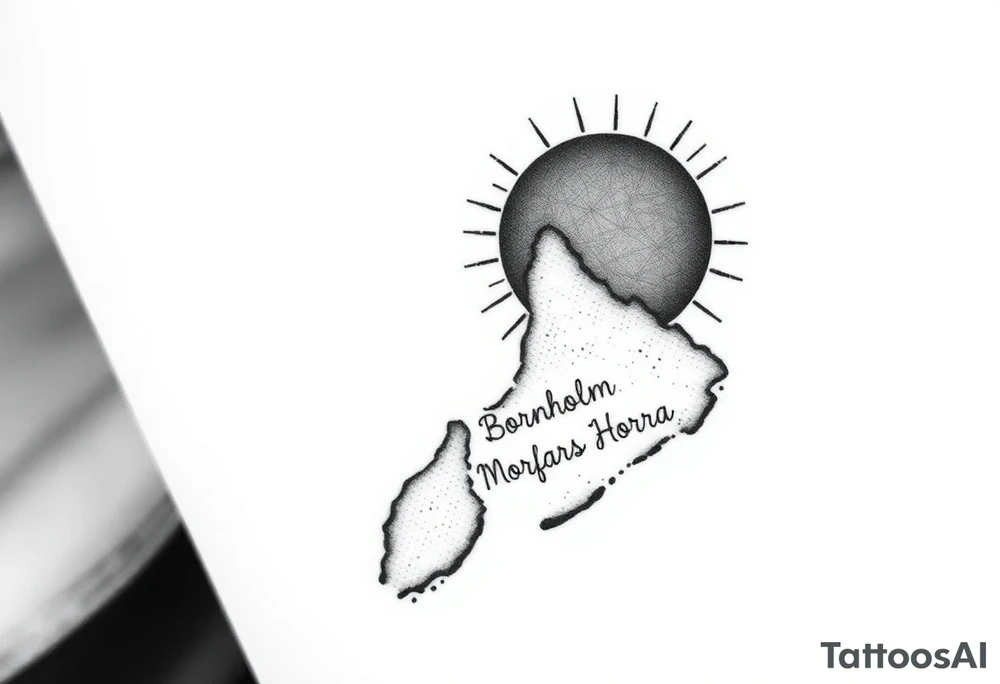tattoo of Bornholm, a small island in denmark, with a sun behind it. Incorporate the following text, "Morfars Horra" instead of some of the line in the sun tattoo idea