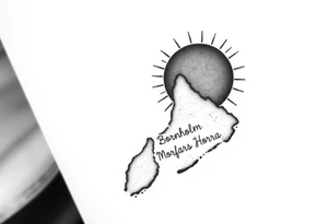 tattoo of Bornholm, a small island in denmark, with a sun behind it. Incorporate the following text, "Morfars Horra" instead of some of the line in the sun tattoo idea
