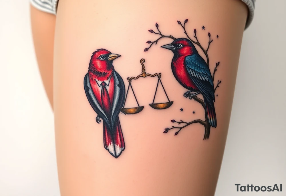 2 birds as the focus, 1 red bird in a suit, 1 navy blue bird with glasses, scales of justice in a tree, starry night painting and mountain background tattoo idea