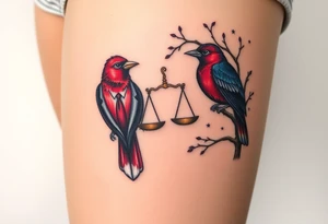 2 birds as the focus, 1 red bird in a suit, 1 navy blue bird with glasses, scales of justice in a tree, starry night painting and mountain background tattoo idea