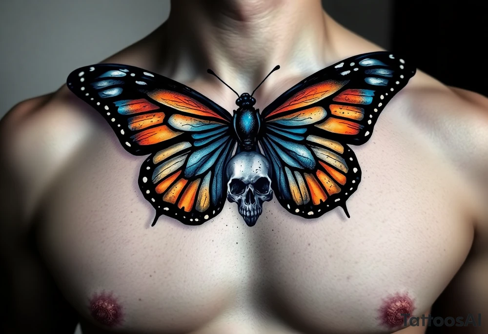 evil powerful majestic and dark monarch butterfly with  graffiti skull detail as the body hidden skulls in wings, skull detail making the body of the butterfly with a horror style effect, including blue,  orange and white colouring
placement on chest at collarbone tattoo idea